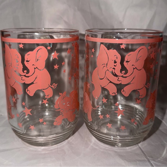 Hazel-Atlas Other - Vintage Hazel-Atlas Dancing Pink Elephant Beer Handled Mug Glass MCM Set Of 2